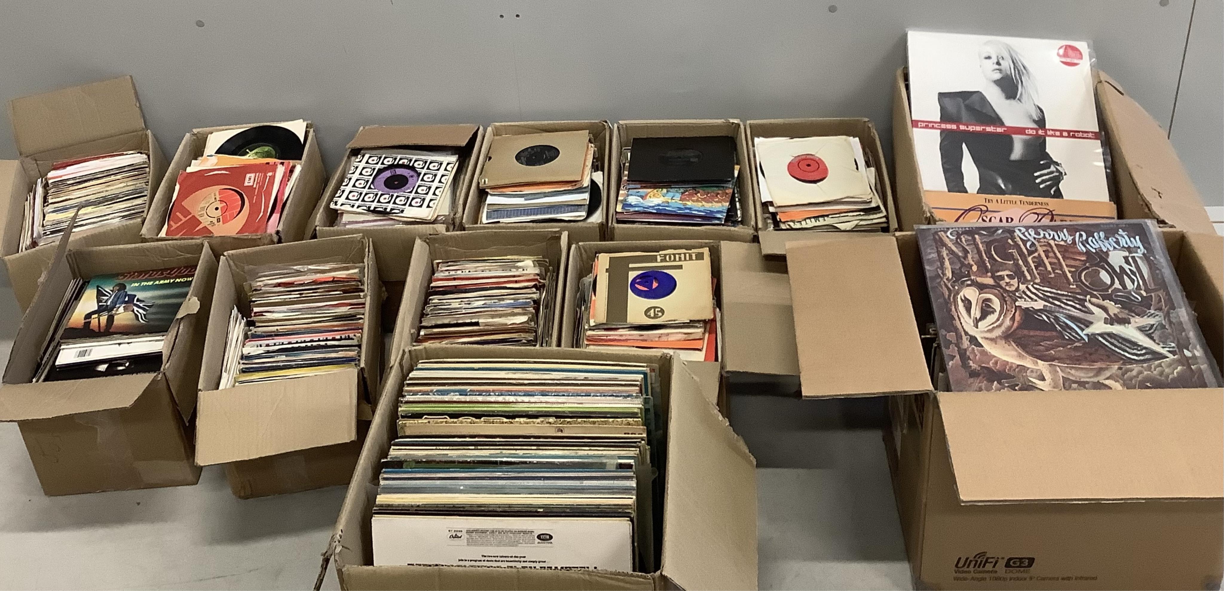 A large collection of 7 inch singles, including pop music from the 1960s to 1980s, together with a number of LP record albums, including some pop and some classical. (13 boxes). Condition - poor to fair.